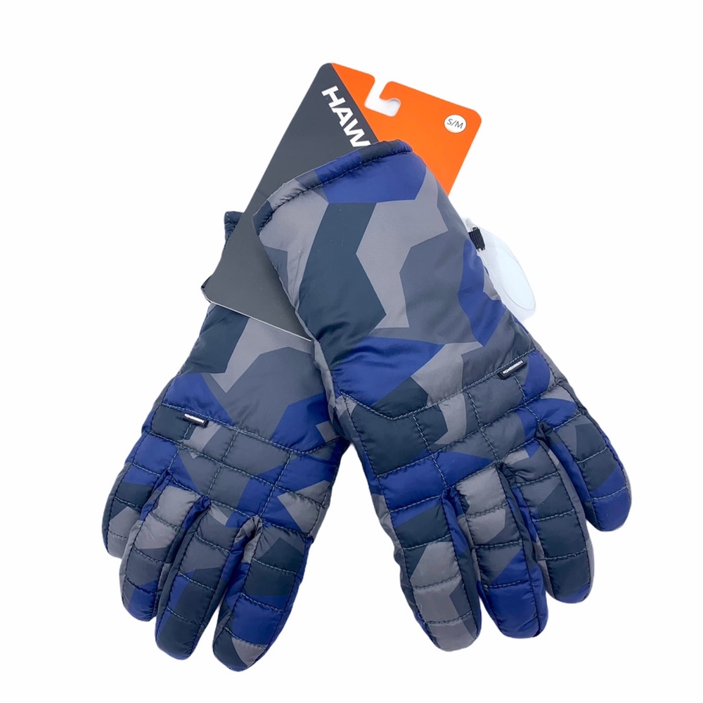 HAWKE & CO Gloves Men Small/ Medium Quilted Nylon Puffer Blue Gray Camo Racing